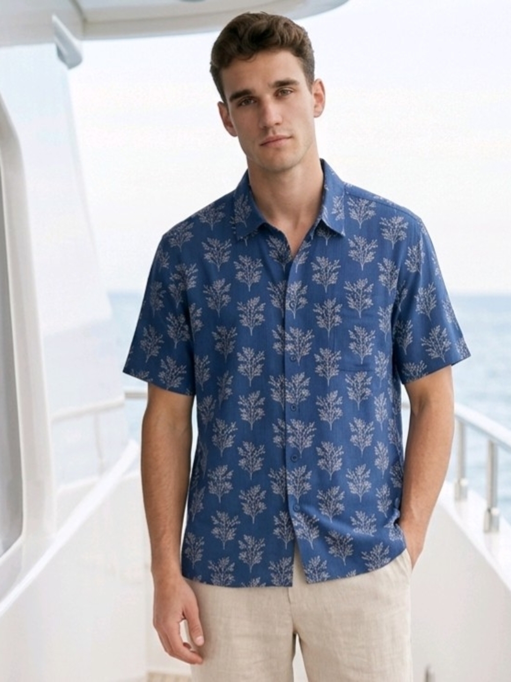 Sette Ponti Blue Button-Up Shirt with a White Tree or Leaf Pattern XL EUC